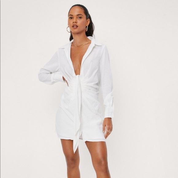 NastyGal Deep V Neck Tie Front Shirt Dress 0 - Picture 1 of 3